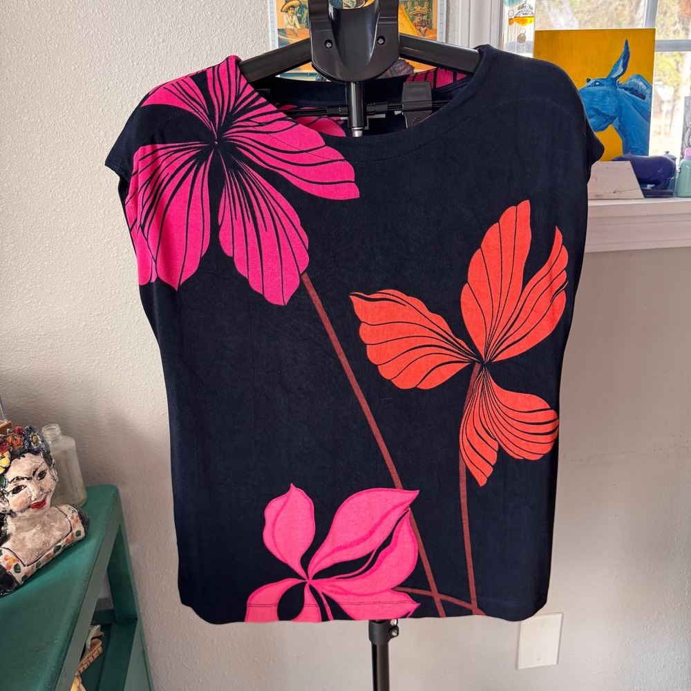 Chicos Navy Black Floral Sleeveless Top Pink Orange Flowers Size 2 L